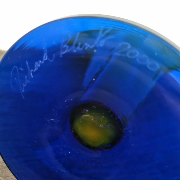 Vtge Blenko Glass Millennium Opaline Yellow Cobalt 12.25” Label Signed Fan Vase - Picture 7 of 7